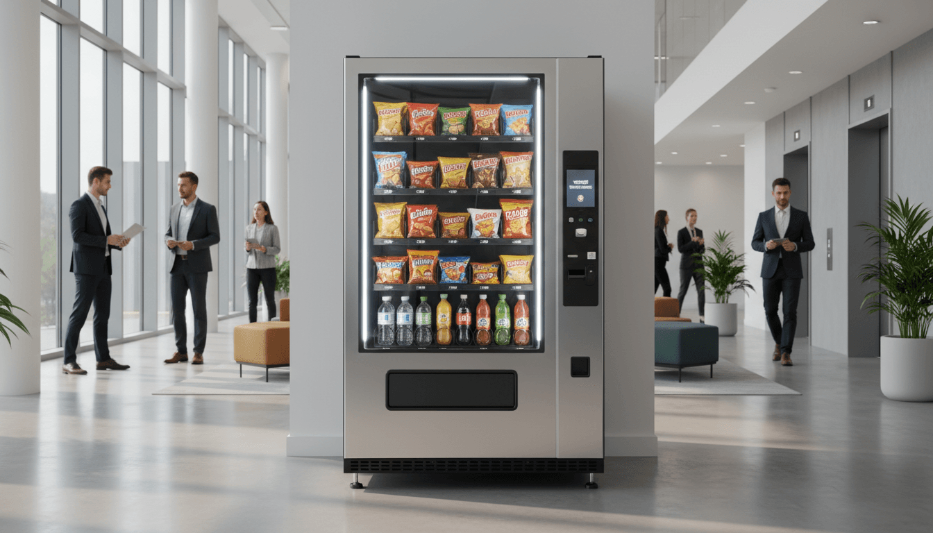 Modern vending machine stocked with snacks and beverages in a busy office lobby with natural light and employees nearby