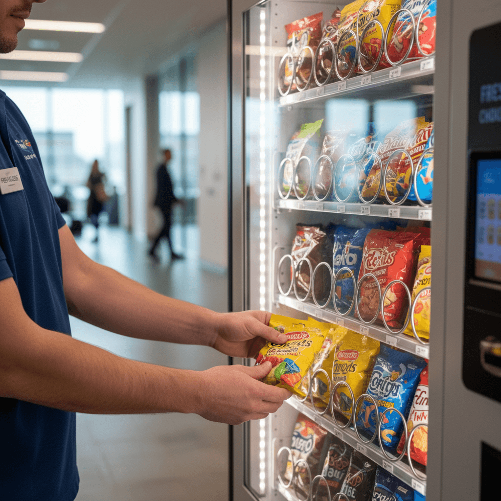 Service technician restocking colorful snack packages into a brightly lit vending machine in an office hallway